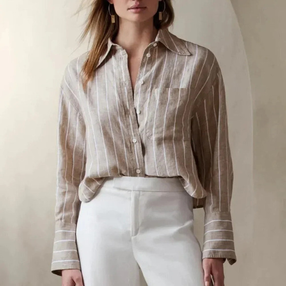 Banana Republic 100% Linen The Boxy Cropped Shirt Striped Zebra Size Small - Picture 9 of 9